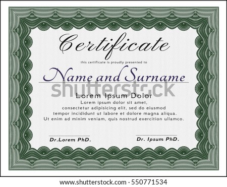 Green Certificate of achievement. With complex linear background. Customizable, Easy to edit and change colors. Money Pattern design. 