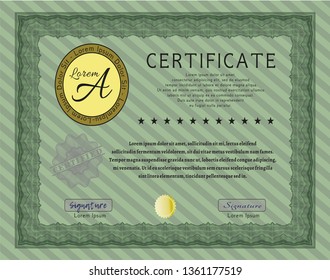 Green Certificate of achievement. Customizable, Easy to edit and change colors. With linear background. Money Pattern. 