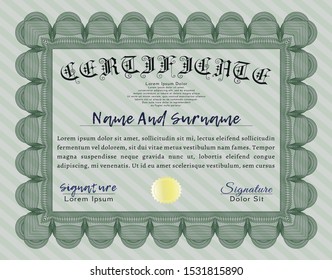 Green Certificate of achievement. With great quality guilloche pattern. Lovely design. Vector illustration. 