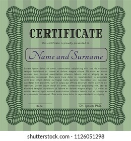 Green Certificate of achievement. With guilloche pattern. Modern design. Vector illustration. 