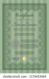 Green Certificate of achievement. With guilloche pattern and background. Sophisticated design. Customizable, Easy to edit and change colors. 