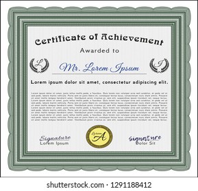 Green Certificate of achievement. With guilloche pattern and background. Elegant design. Detailed. 