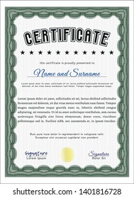 Green Certificate of achievement. With guilloche pattern and background. Money style design. Vector illustration. 