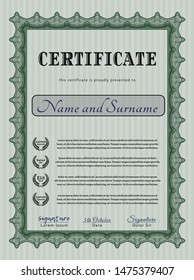 Green Certificate of achievement. With guilloche pattern and background. Detailed. Money design. 