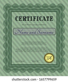 Green Certificate of achievement. With guilloche pattern. Money design. Detailed. 