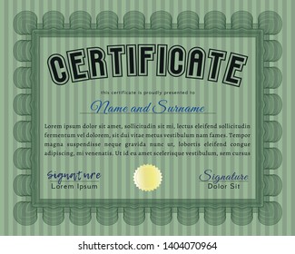 Green Certificate of achievement. With linear background. Money style design. Vector illustration. 
