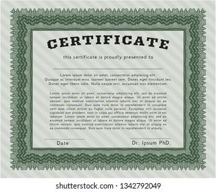 Green Certificate of achievement. Lovely design. With great quality guilloche pattern. Vector illustration. 