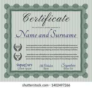 Green Certificate of achievement. Lovely design. Detailed. With complex linear background. 