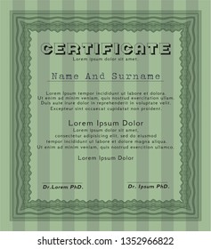 Green Certificate of achievement. Money style design. With guilloche pattern. Detailed. 