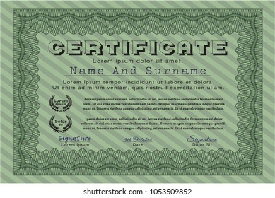 Green Certificate of achievement. Printer friendly. Money style design. Detailed. 