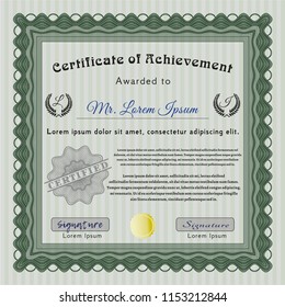 Green Certificate of achievement. Sophisticated design. With guilloche pattern and background. Detailed. 