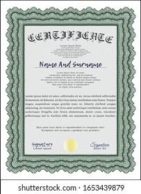 Green Certificate of achievement. Superior design. With guilloche pattern and background. Vector illustration. 