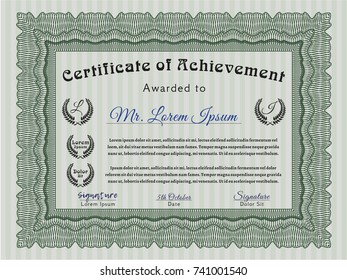 Green Certificate of achievement template. Artistry design. Vector illustration. Printer friendly. 