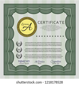 Green Certificate of achievement template. With background. Sophisticated design. Detailed. 