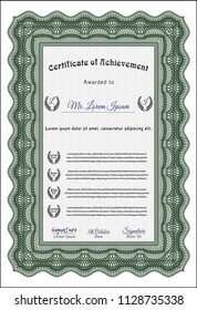 Green Certificate of achievement template. With complex linear background. Vector illustration. Money style design. 