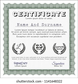 Green Certificate of achievement template. Complex background. Elegant design. Vector illustration. 