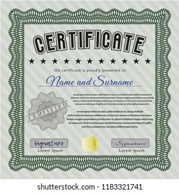 Green Certificate of achievement template. With complex linear background. Detailed. Lovely design. 