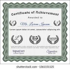 Green Certificate of achievement template. Complex background. Retro design. Customizable, Easy to edit and change colors. 