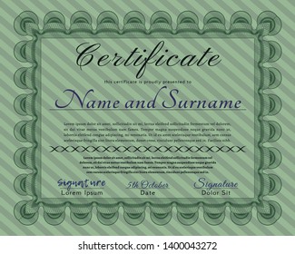 Green Certificate of achievement template. With complex linear background. Modern design. Vector illustration. 