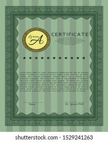 Green Certificate of achievement template. With complex linear background. Money design. Customizable, Easy to edit and change colors. 