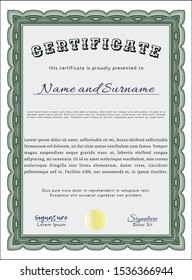Green Certificate of achievement template. With complex linear background. Cordial design. Vector illustration. 