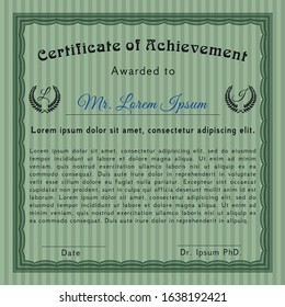 Green Certificate of achievement template. Complex background. Detailed. Cordial design. 