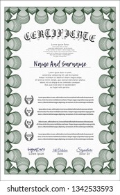 Green Certificate of achievement template. Cordial design. Vector illustration. With complex linear background. 