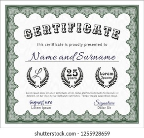 Green Certificate of achievement template. Customizable, Easy to edit and change colors. With guilloche pattern and background. Beauty design. 