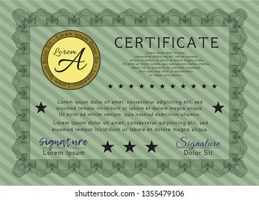 Green Certificate of achievement template. Customizable, Easy to edit and change colors. With complex linear background. Elegant design. 