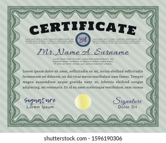 Green Certificate of achievement template. Customizable, Easy to edit and change colors. With guilloche pattern and background. Modern design. 
