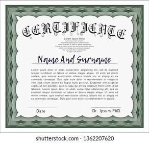 Green Certificate of achievement template. Detailed. With guilloche pattern. Excellent design. 