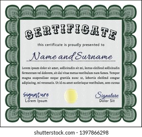 Green Certificate of achievement template. Easy to print. Detailed. Money Pattern. 