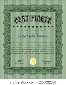 Green Certificate of achievement template. With great quality guilloche pattern. Elegant design. Vector illustration. 