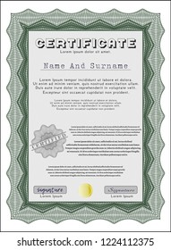 Green Certificate of achievement template. With great quality guilloche pattern. Detailed. Modern design. 