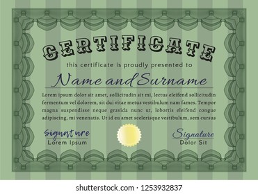 Green Certificate of achievement template. With great quality guilloche pattern. Detailed. Excellent design. 