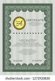 Green Certificate of achievement template. With guilloche pattern and background. Detailed. Money design. 