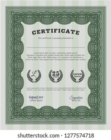 Green Certificate of achievement template. With guilloche pattern and background. Detailed. Nice design. 