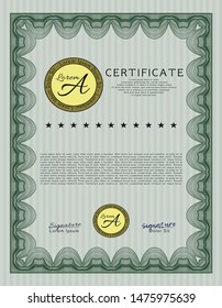 Green Certificate of achievement template. With guilloche pattern. Customizable, Easy to edit and change colors. Elegant design. 