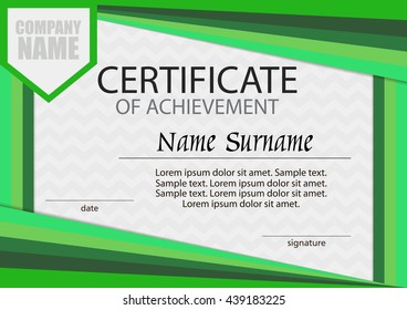 Green certificate of achievement template. Horizontal. Winning the competition. Reward. Award winner. Vector illustration.