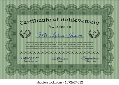 Green Certificate of achievement template. With linear background. Detailed. Perfect design. 