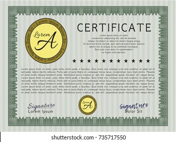 Green Certificate of achievement template. With linear background. Money Pattern design. Vector illustration. 
