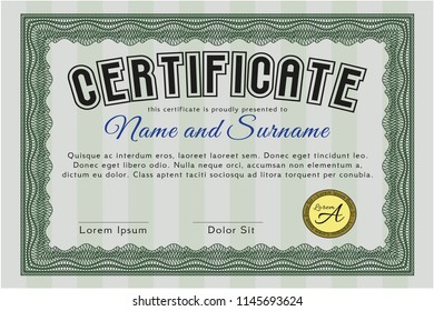 Green Certificate of achievement template. Money Pattern. With linear background. Customizable, Easy to edit and change colors. 