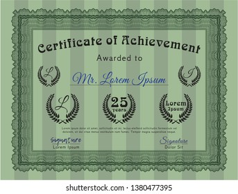 Green Certificate of achievement template. Money design. Customizable, Easy to edit and change colors. With complex linear background. 