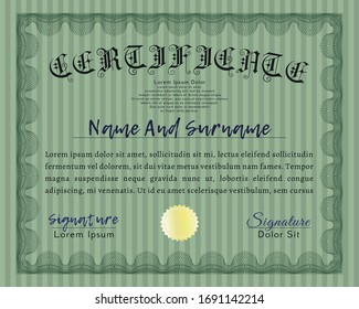 Green Certificate of achievement template. Money style design. Complex background. Vector illustration. 