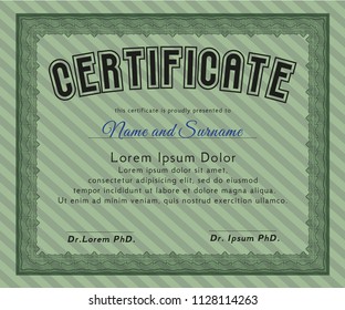 Green Certificate of achievement template. Nice design. Detailed. With complex linear background. 