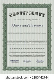 Green Certificate of achievement template. Nice design. With complex linear background. Detailed. 