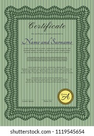 Green Certificate of achievement template. Perfect design. With linear background. Detailed. 