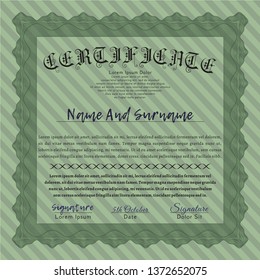 Green Certificate of achievement template. Perfect design. Vector illustration. With guilloche pattern and background. 