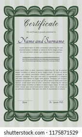 Green Certificate of achievement template. Printer friendly. Money design. Detailed. 