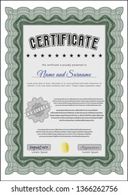 Green Certificate of achievement template. Printer friendly. Money Pattern design. Vector illustration. 